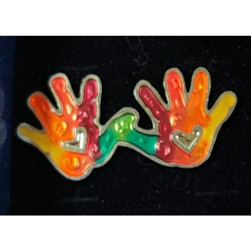 Happy Colorful Hands and Hearts Pin for Hat, Lapel, Lanyard, Jacket or Backpack
